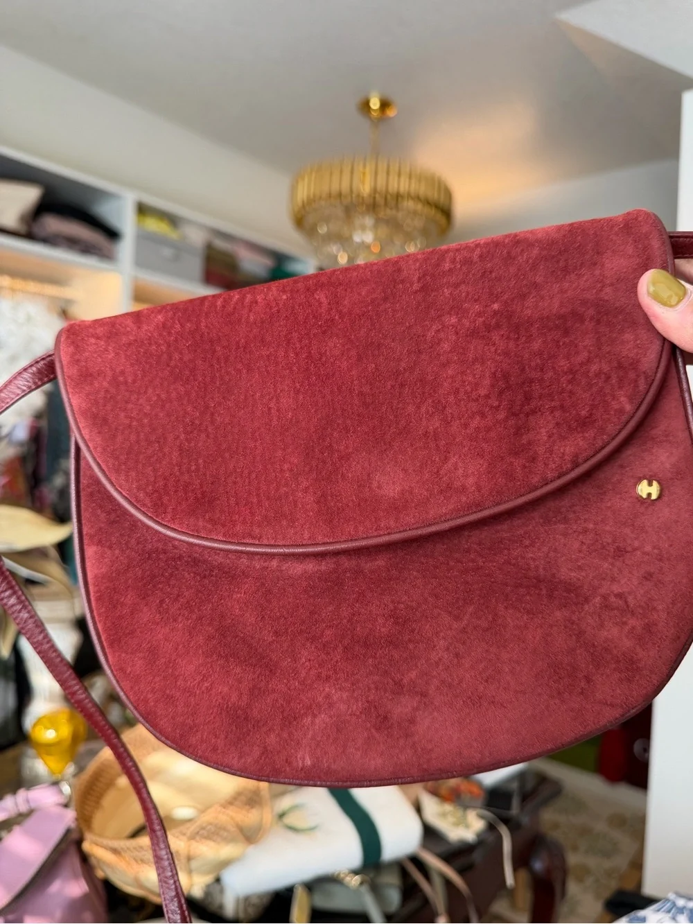 Vintage Halston Burgundy Suede Leather Saddle Crossbody Bag